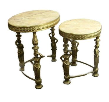 Two Nesting Stacking Side Tables Hollywood Regency Marble Top Female Figurines