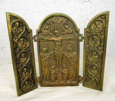 Vintage Brass Triptych Handmade Travel Icon Crucifixion Apostles Angels HTF
