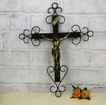 Vintage French Hanging Crucifix Wrought Iron Brass Fleur de Lis Lovely