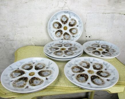 Set of 6 French Oyster Plates Porcelain Faience de St Amand Hand Painted Classy