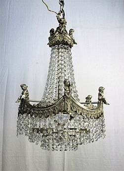 Antique French Chandelier Putti Angels Crystal Prisms Waterfall Bag & tent
