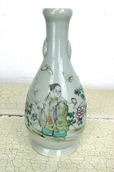 Small Antique Chinese Famille Rose Porcelain Vase Celadon Butterfly 6.1"