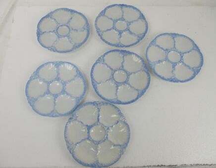 BLue  White Set of 6 French Oyster Plates Porcelain Faience Vintage Scalloped