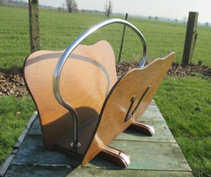 Art Deco Wood Magazine Newspaper Basket Rack Chrome Authentic