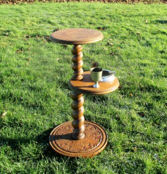 Carved wood 2 Tier Barley Twist Pedestal Table Plant Stand Ashtray