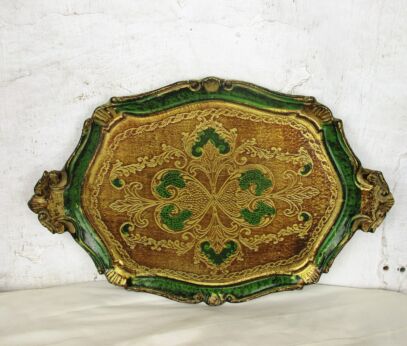 Italian Mid Century Hollywood Regency Florentine Serving Tray Green Gold Wood