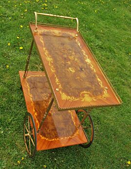 Bar Cart Italian Hollywood Regency Gold Wood Inlay Marquetry Vintage 