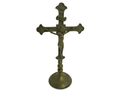 Small French Embossed Brass Standing Crucifix Ornate Lovely Jesus Christ 11.61"