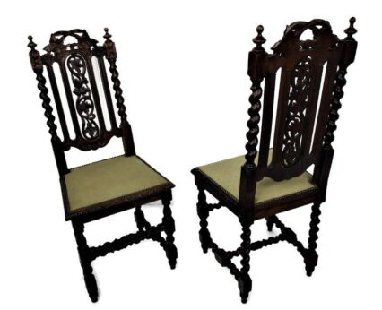 Couple Pair Antique Barley Twist Hand carved Wooden Parlor Chairs Spring seating Gorgeous