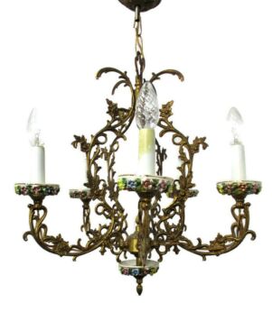 Vintage Italian Porcelain Brass Chandelier Ornate 5 arm Lights Ornate Trim Leafs