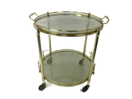 round Cocktail Bar Cart Trolley Serving Cart Clear Glass Hollywood Regency Two tier Lovely Smoked Glass