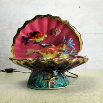 French Vallauris Nightstand Desk Lamp Trompe Eye Aquarium Shell Fish Working