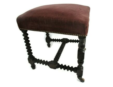 Antique Footstool Ottoman Carved Wood Barley Twist  Red Velvet on Wheels Barn Country Farmhouse style Edwardian