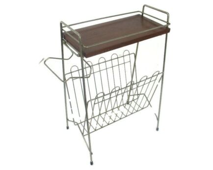 Vintage Mid Century Modern Magazine Newspaper Basket Side Table Funky Wrought Iron Wooden Top Modernist