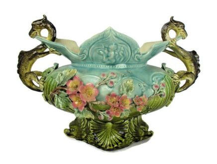 Gothic Antique French Centerpiece Dragon Handles Majolica Barbotine Planter WOW