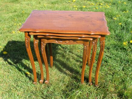 Antique Nesting Side Tables Oak Carved Wood