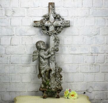 Antique Architectural Victorian Cast Iron French Crucifix Angel Authentic