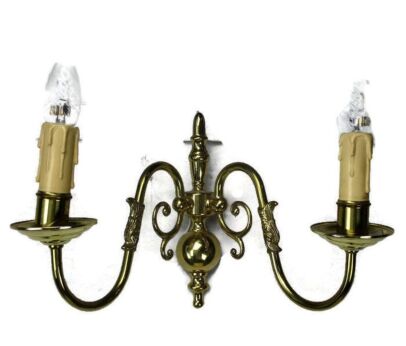 Vintage Ornate Brass Two-Arm Double Wall Sconce Light Lamp Flemish Fish