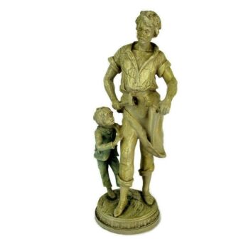 Large Statue Father and Son Resin Crackled White Backpack little boy Traveling Scissors Grinder
