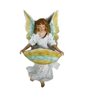 Vintage French Holy Water Font Vessel Bisque Porcelain Angel Collector HTF 7.4"