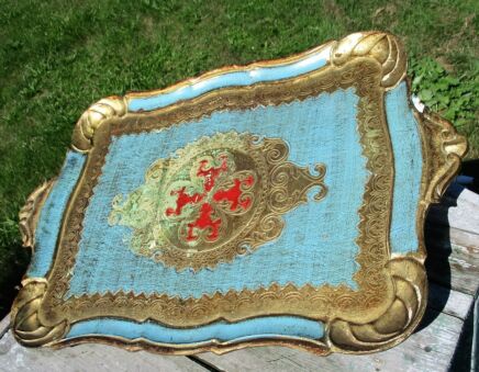 Italian Mid Century Hollywood Regency Florentine Blue Serving Tray gold gilt