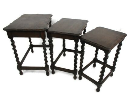 Set of 3 Barley Twist Wooden Nesting Stacking Side Tables Barn Country Style Mid Century