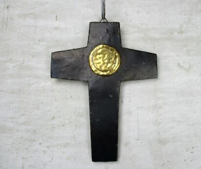 Mid Century Modernist Ceramic Crucifix Chocolate brown Gold Era Perignem HTF