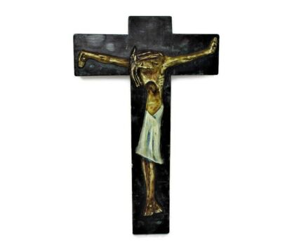 L Hanging Ornate Crucifix Plaster Jesus Christ Sculpture Modernist Polychrome