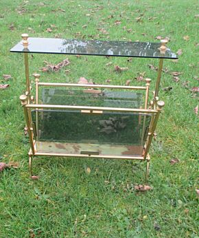 Vintage Hollywood Regency Magazine Newspaper Basket Rack Glass Brass Marble