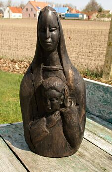 Vintage Virgin Mary Madonna and Child Dark Hand Carved Wood Statue African Style
