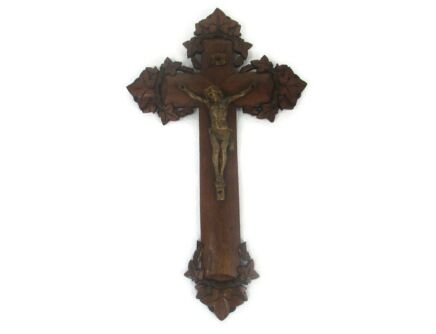 French Vintage Ornate hand Carved Wood Oak Hanging Crucifix Cross Jesus Christ Copper Look Corpus 16.33"