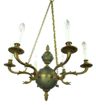 French Empire Pan Chandelier Green Tole Brass 6 arms Hollywood Regency Ducks HTF