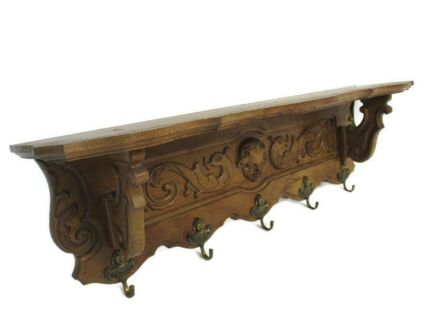 Gorgeous Antique Hand Carved Wood Coat Kitchen hat Rack Dolphins Putti Young Boy's head  WOW