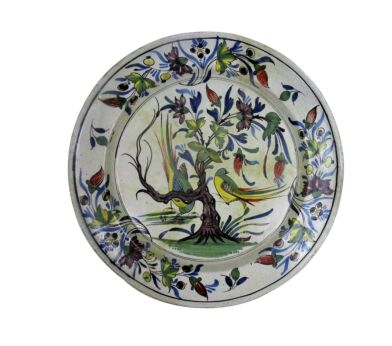 Antique Large Wall hanging Charger Plate poly-chrome Birds Bird of Paradise