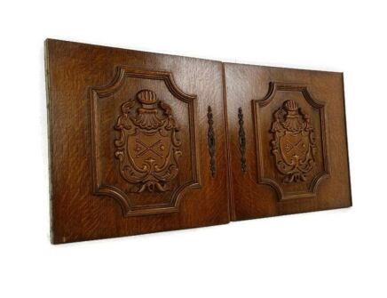 Pair  Hand Carved Wooden  Door Panels Reclaimed Architectural Medieval Style Shields