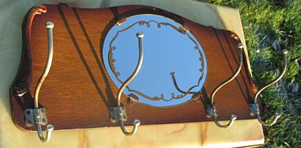Vintage Wooden French Mid Century Wall Shelf Coat Hat Rack glass Oval Mirror