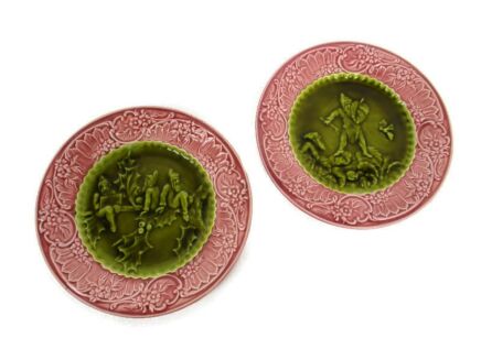 Two Small Plates Majolica Barbotine Art Deco Pink Green Dwarfs Gnomes Kabouters Lovely Rare