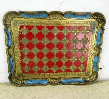 Mid Century Hollywood Regency Florentine Serving Tray Red Gold Gilt Resin Italy