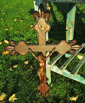 Large Antique French Hand Carved Wood Hanging Crucifix Cross Brass Christ 27.4"