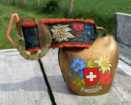 Vintage Authentic Swiss Cowbell Lugano Rustic Bell Strap Edelweiss