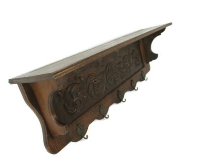 Antique Hand Carved Dark Wood Wall Shelf Coat Kitchen Rack Gorgeous