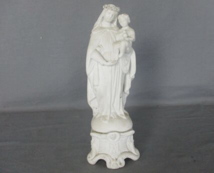 Antique Bisque Porcelain Statue Virgin Our Lady Mary Madonna with Infant Jesus Gorgeous Marked Flower Wreath Garland 9.05"