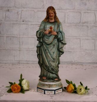 Gorgeous Antique Holy Heart Jesus Christ Porcelain French Statue Green Rare