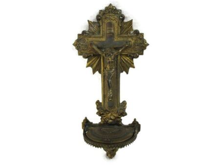 Brass Embossed Holy Water Font Jesus Christ Crucifix Holy Ghost Wall Hanging vessel with Lid Extremely rare Antique Gorgeous