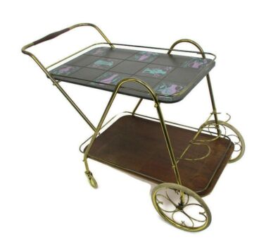 Mid Century Modernist Brass Bar Trolley Cart era Josef Frank Svenskt style Tile Teak