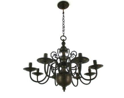 Antique Flemish Dutch Double Chandelier 8 Arms Lights Bronze 19th Century Candle