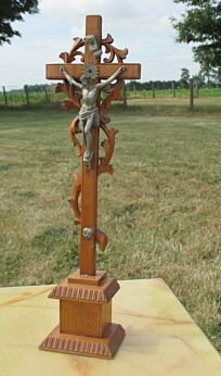 Vintage wood Table Crucifix Cross Memento Mori Christ Carved Wood Zamac