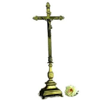 Antique Stunning Brass Standing Embossed Crucifix Church Altar Jesus Christ
