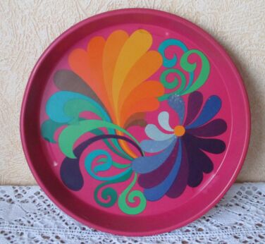 vintage retro enamel serving plate pink Blue Orange Pop art funky