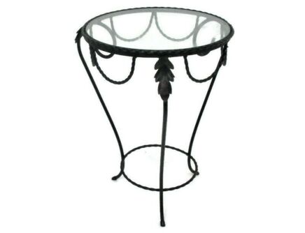 Vintage Small Side Coffee Table Plant Bonsai Flower stand Wrought Iron Glass Top Leafs